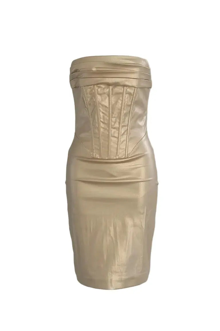 lauren pleated strapless back slit mini dress in gold Avalabel