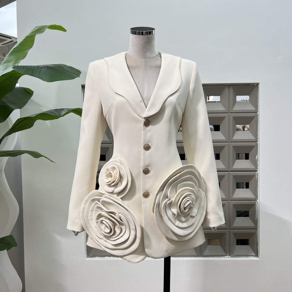 amanda Long Sleeve Button Up Flower Blazer in beige Avalabel