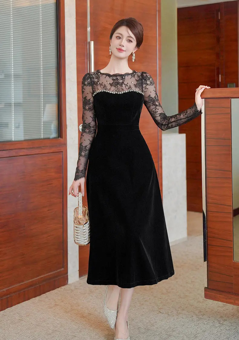 Tiffany Lace Hollow Sleeve Rhinestone Velvet Maxi Dress in Black Avalabel