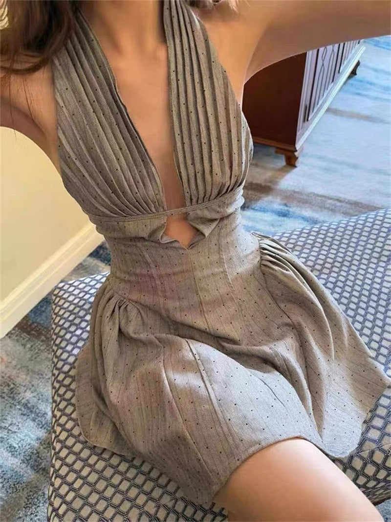 V-Neck Open Back Polka Puffy Mini Dress in Gray Avalabel