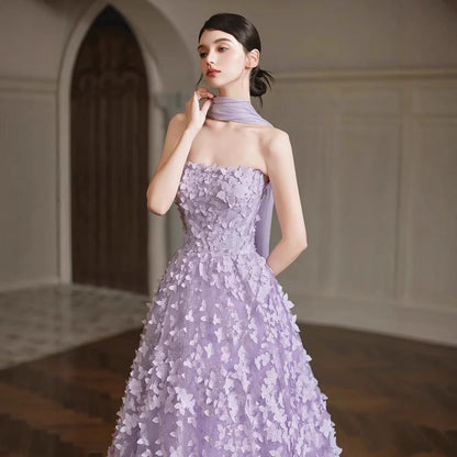 Arlene Floral Strapless Evening Gown - Purple