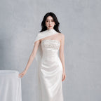 Sylvia Rhinestone Embellish Strapless Satin Maxi Dress  - White Avalabel