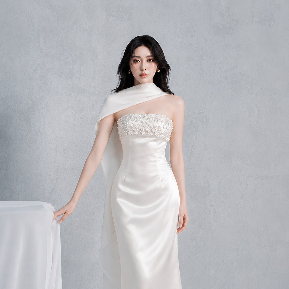 Sylvia Rhinestone Embellish Strapless Satin Maxi Dress  - White Avalabel