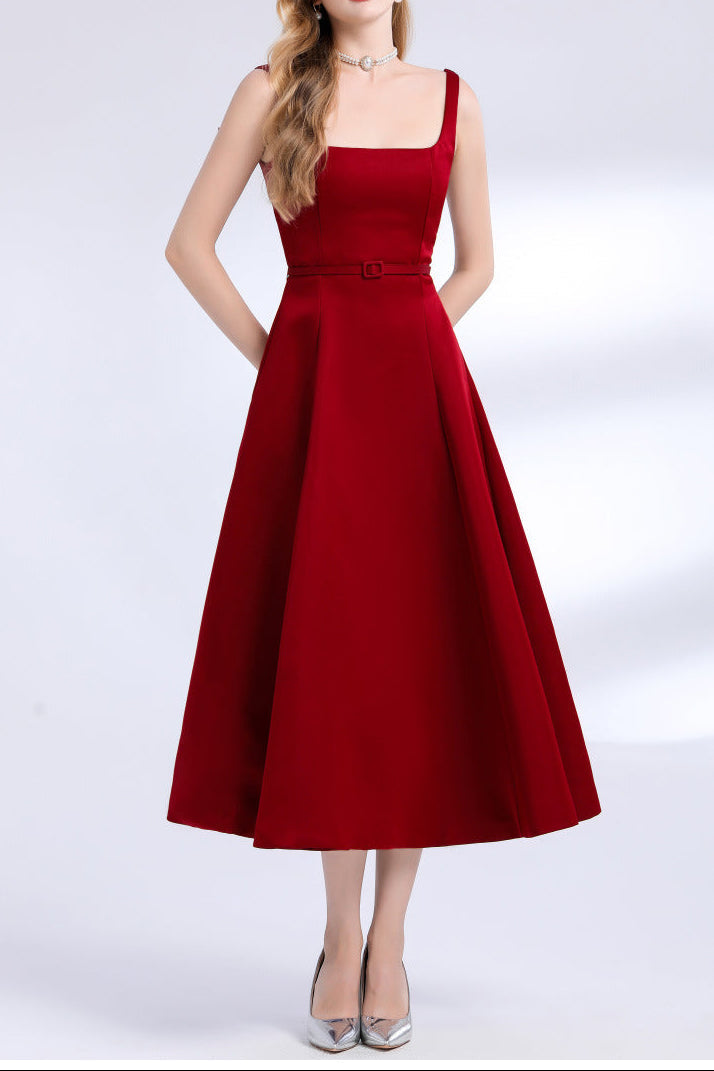 amelia square neck Satin Slip midi Dress - Red Avalabel