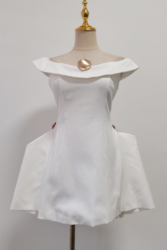 Metal Detail A-Line Off-Shoulder Mini Dress in White Soraya