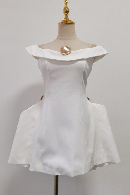 Metal Detail A-Line Off-Shoulder Mini Dress in White