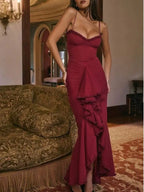 Burgundy mesh ruffle waist maxi dress Avalabel