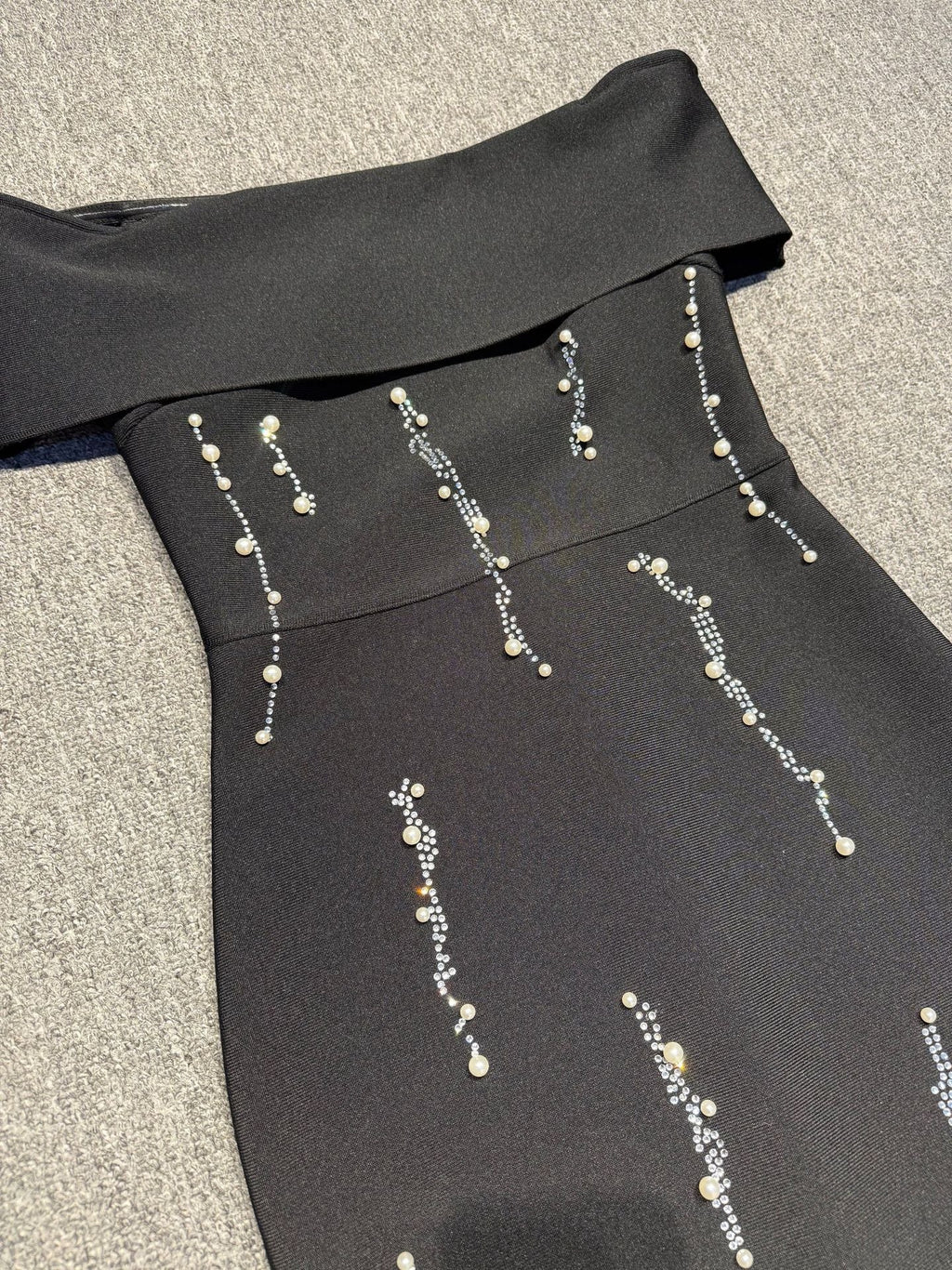laurel Off-shoulder rhinestone bandage maxi dress in black Avalabel