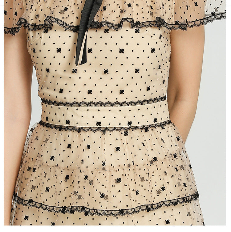 floral Embroidery pleated mesh midi dress in apricot Avalabel