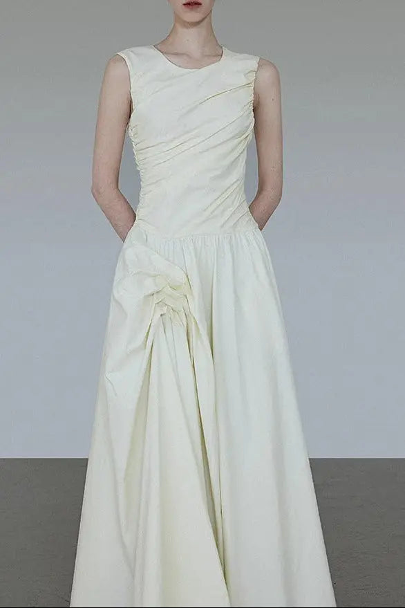 jenny ruched a-line sleeveless midi dress in apricot Avalabel