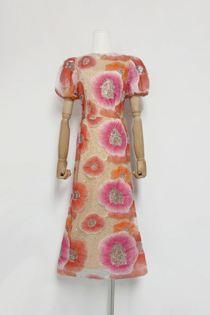 Lydia Puff Sleeve Floral Midi Dress in Pink