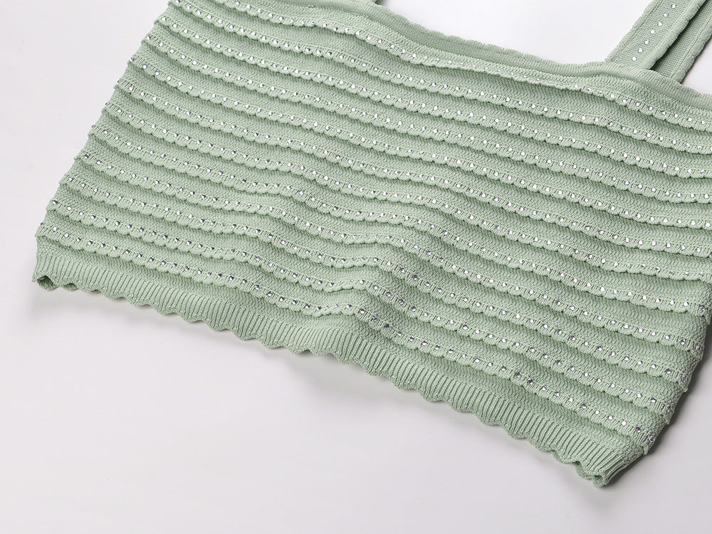 Rhinestone Trim Knit Crop Top in Almond Green Avalabel