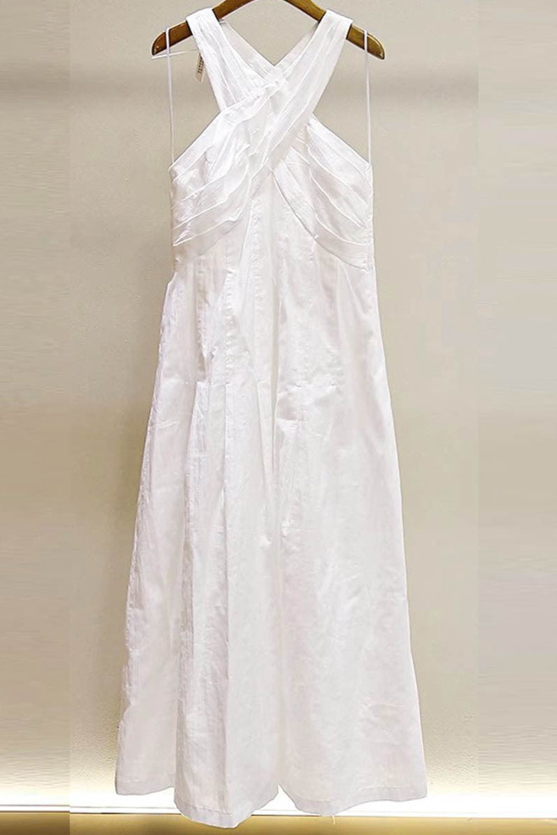 High Crossover V-Neck Pleated Maxi Dress in White Avalabel