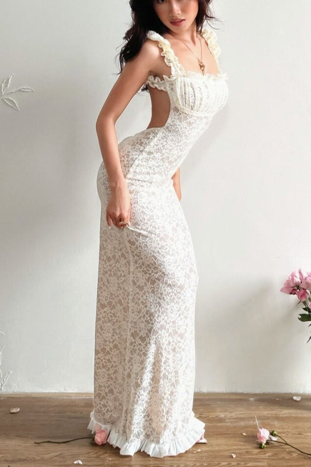 Georgia Lace Bodycon Slip Maxi Dress in White Avalabel