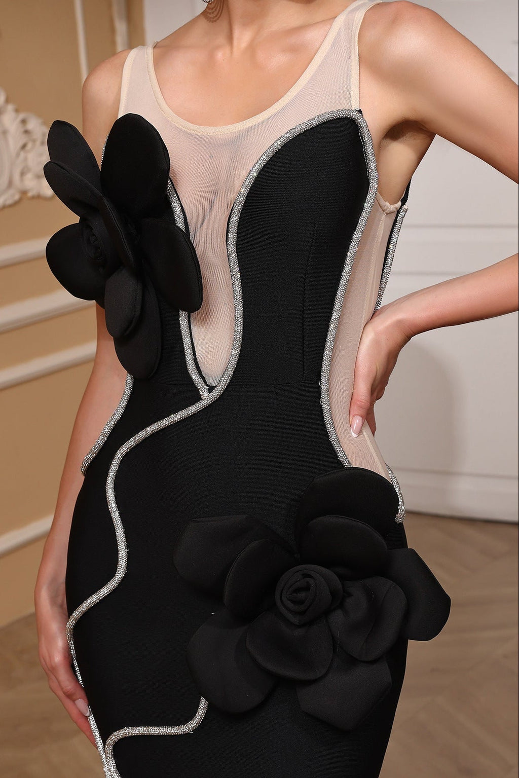 Diamond 3D Flower Sequin Bandage Maxi Dress in Black Avalabel