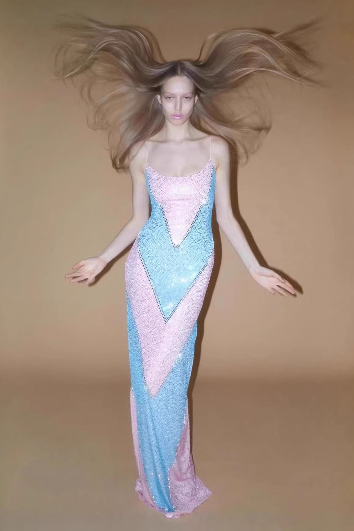 Simona Fully Rhinestoned Bodycon Maxi Dress - Blue & Pink Avalabel