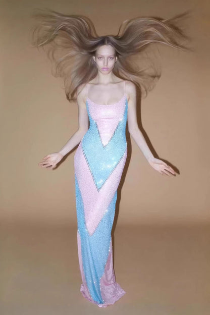 Simona Fully Rhinestoned Bodycon Maxi Dress - Blue & Pink