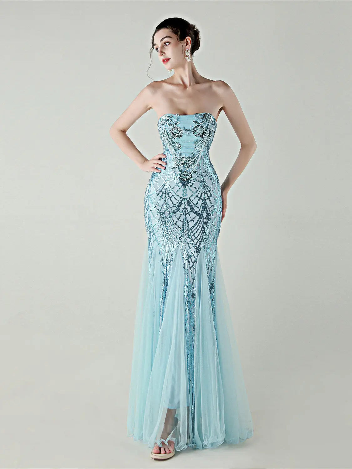 sequin strapless tulle maxi dress Avalabel