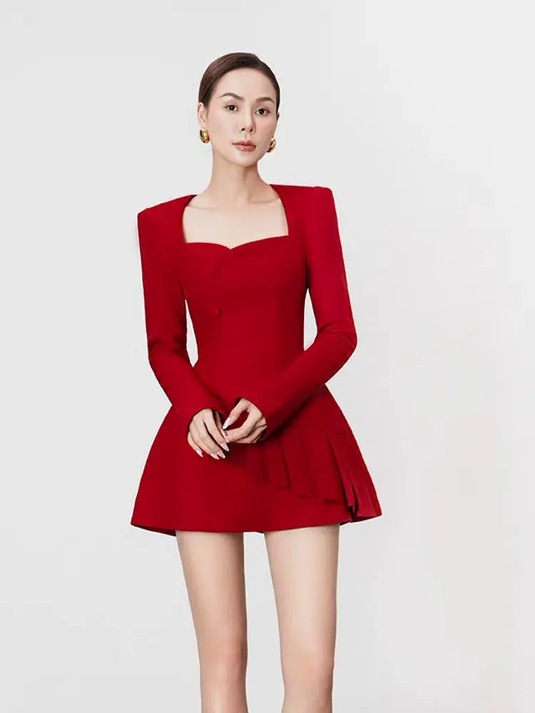 victoria red square neck long sleeve a-line mini dress Avalabel