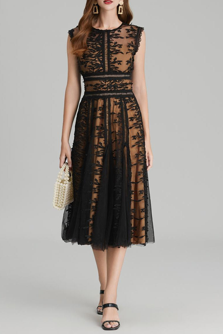 Phoenix 3D Embroidered Lace Mesh Midi Dress in Black