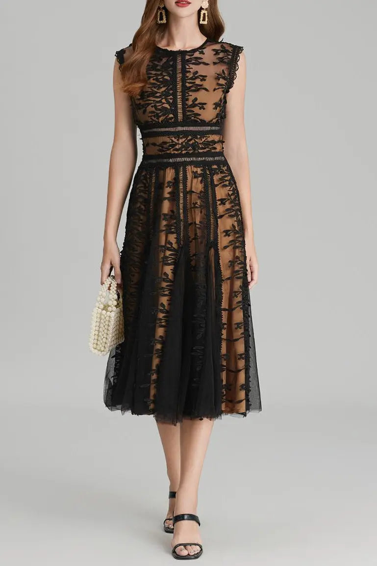 Phoenix 3D Embroidered Lace Mesh Midi Dress in Black Avalabel
