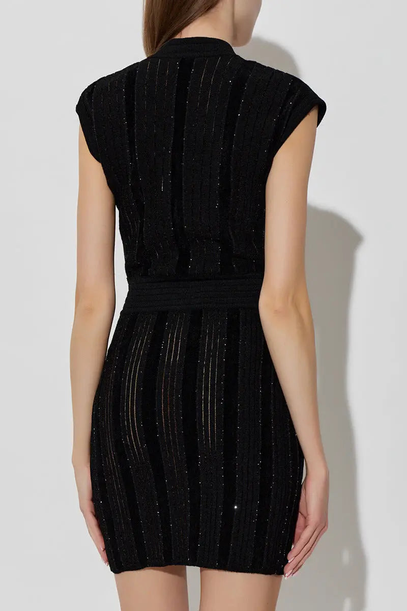 Sabrina Black V-Neck Mini Dress with Shimmering Sequins Avalabel