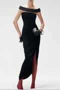 Lola Black Off-shoulder Asymmetrical-Draped High Slit Maxi Dress Avalabel