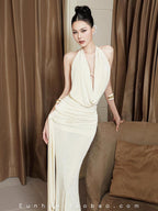 Carol Ruched Halter Bodycon Maxi Dress in White Avalabel