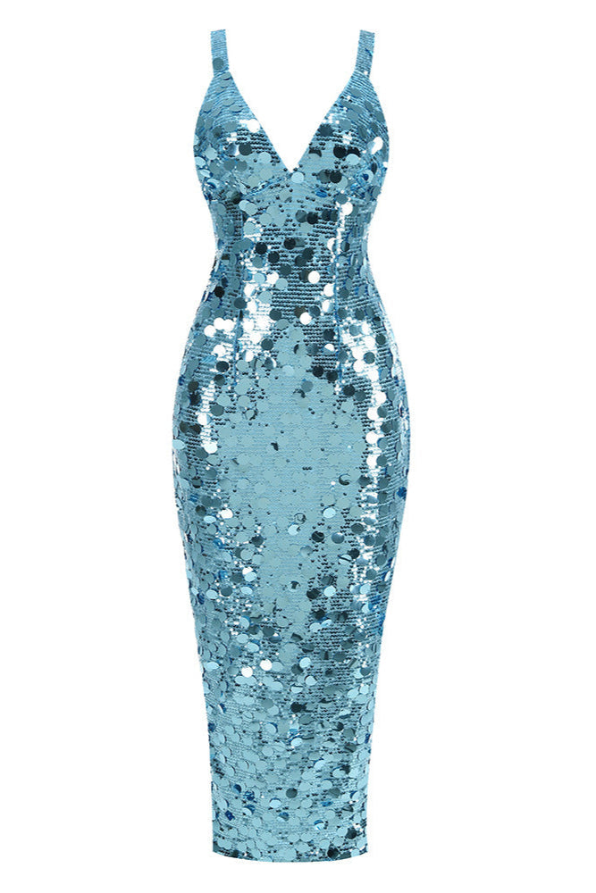 Carlin Sequin Deep V Strapless Maxi Dress in Blue Avalabel
