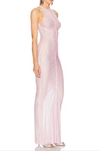 Hollow Mesh Rhinestone Sleeveless Maxi Dress in Pink Avalabel
