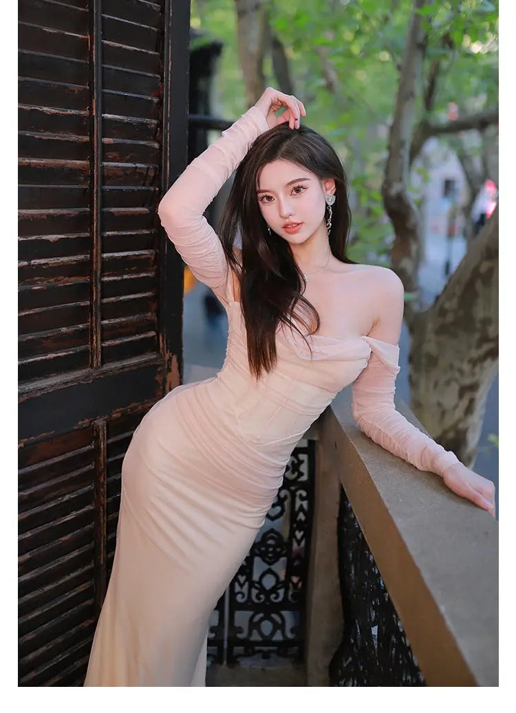 Ariel Apricot Mesh Off-Shoulder Mermaid Maxi Dress Avalabel