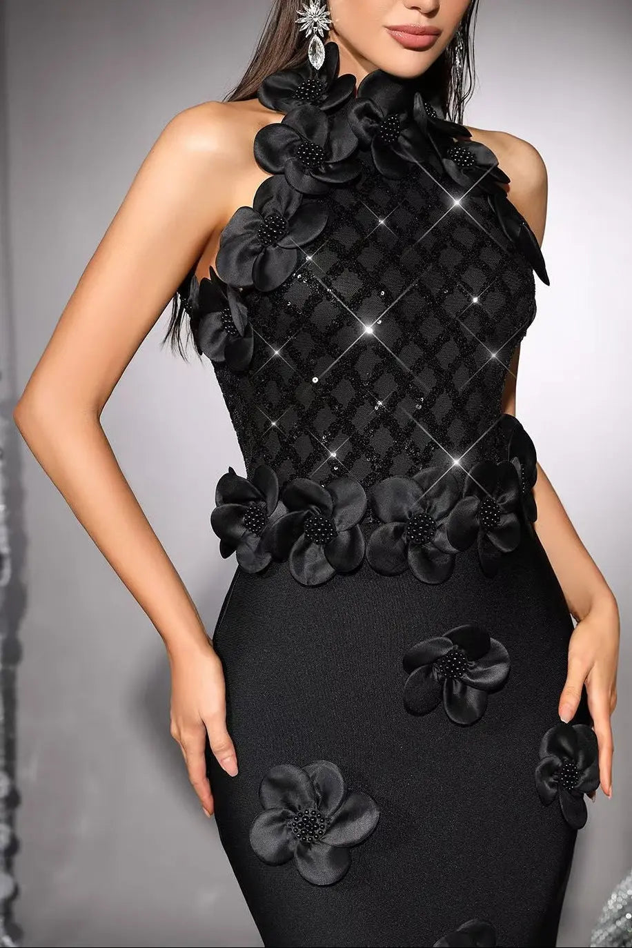 Phoenix 3D Flower Sequin Halter Bandage Maxi Dress in Black Avalabel