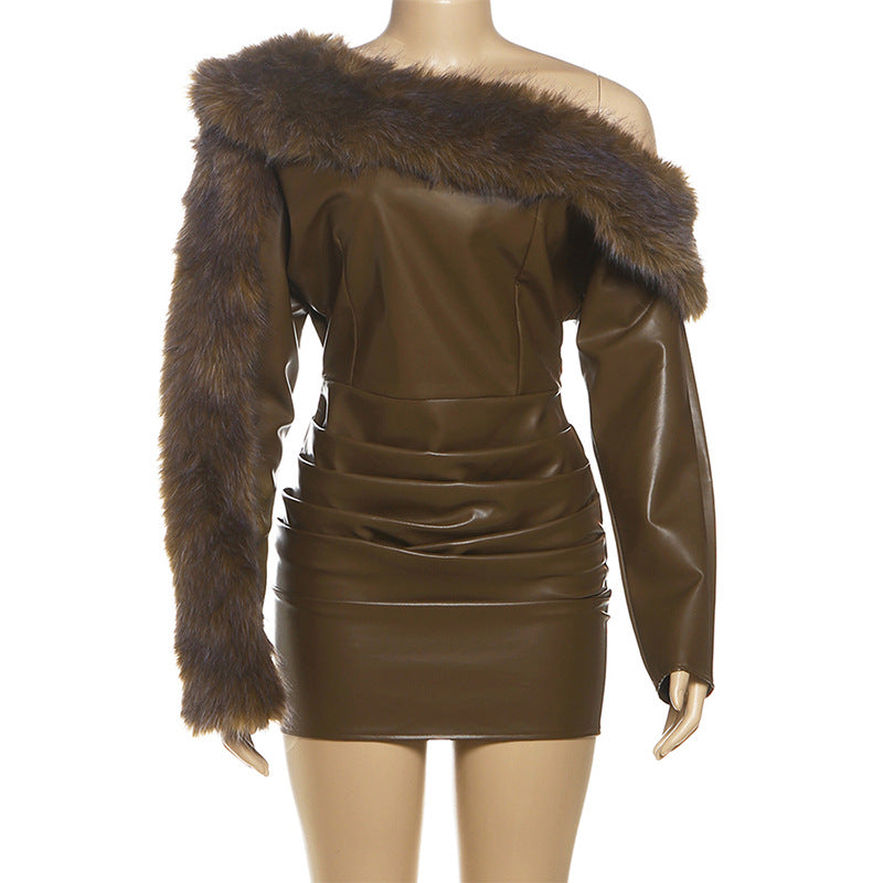 sibyl Leather fur collar asymmetrical mini dress in brown Avalabel