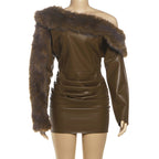 sibyl Leather fur collar asymmetrical mini dress in brown Avalabel