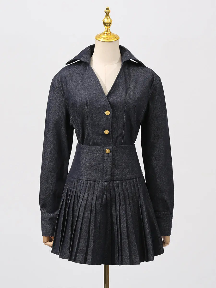 florence Single-breasted top pleated skirt in navy blue Avalabel
