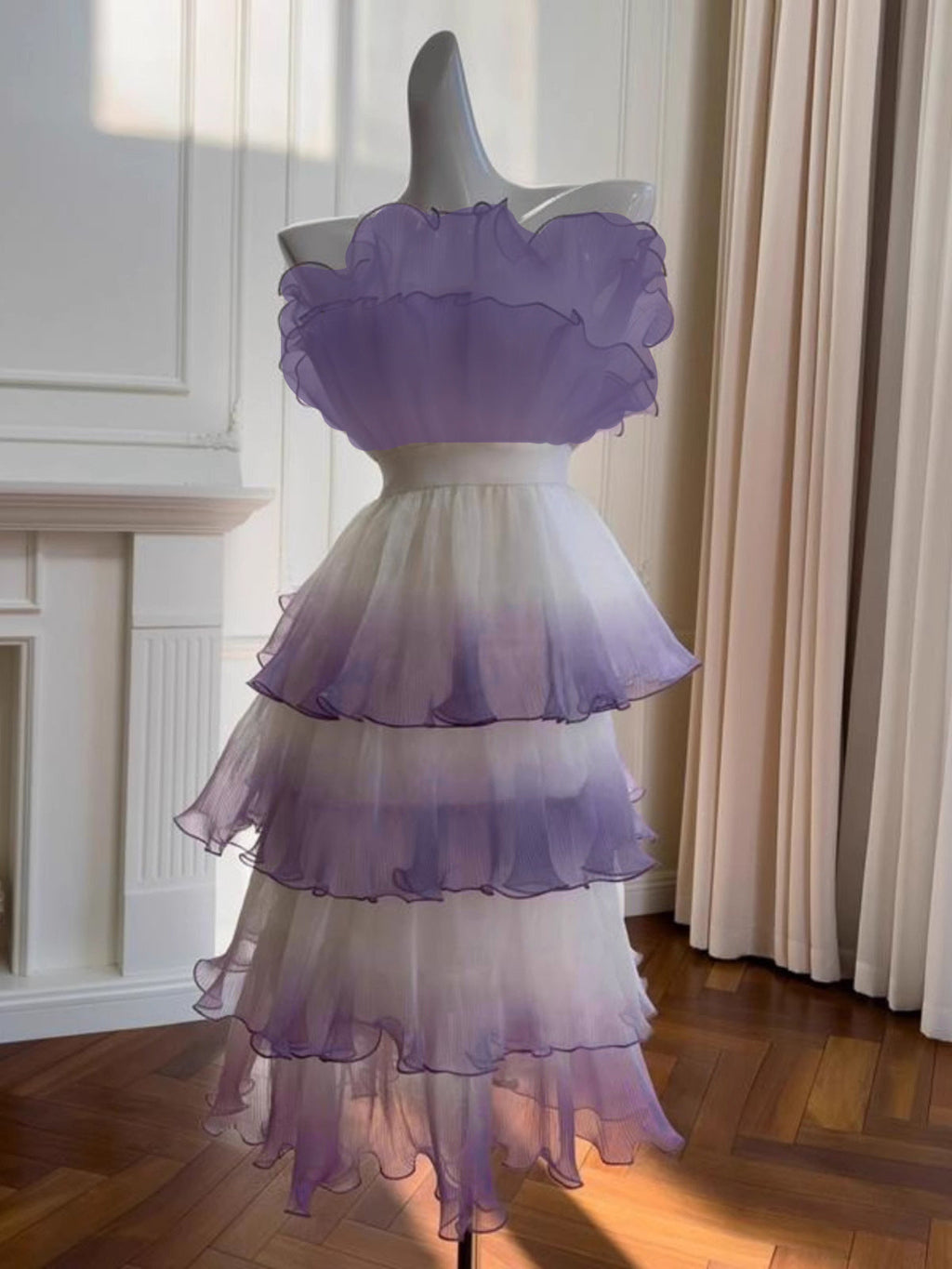 Purple Gradient Pleated Ruffle Trim Layered Mini Dress Avalabel