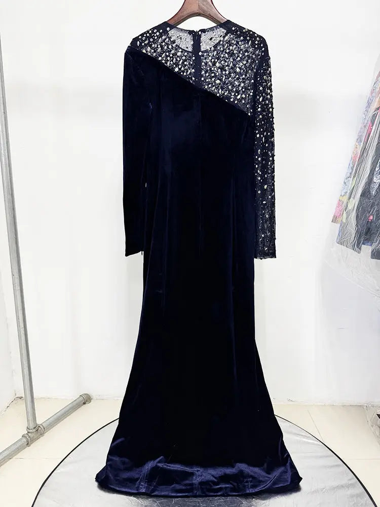 riva crystal patchwork Velvet Column maxi Dress in dark blue Avalabel