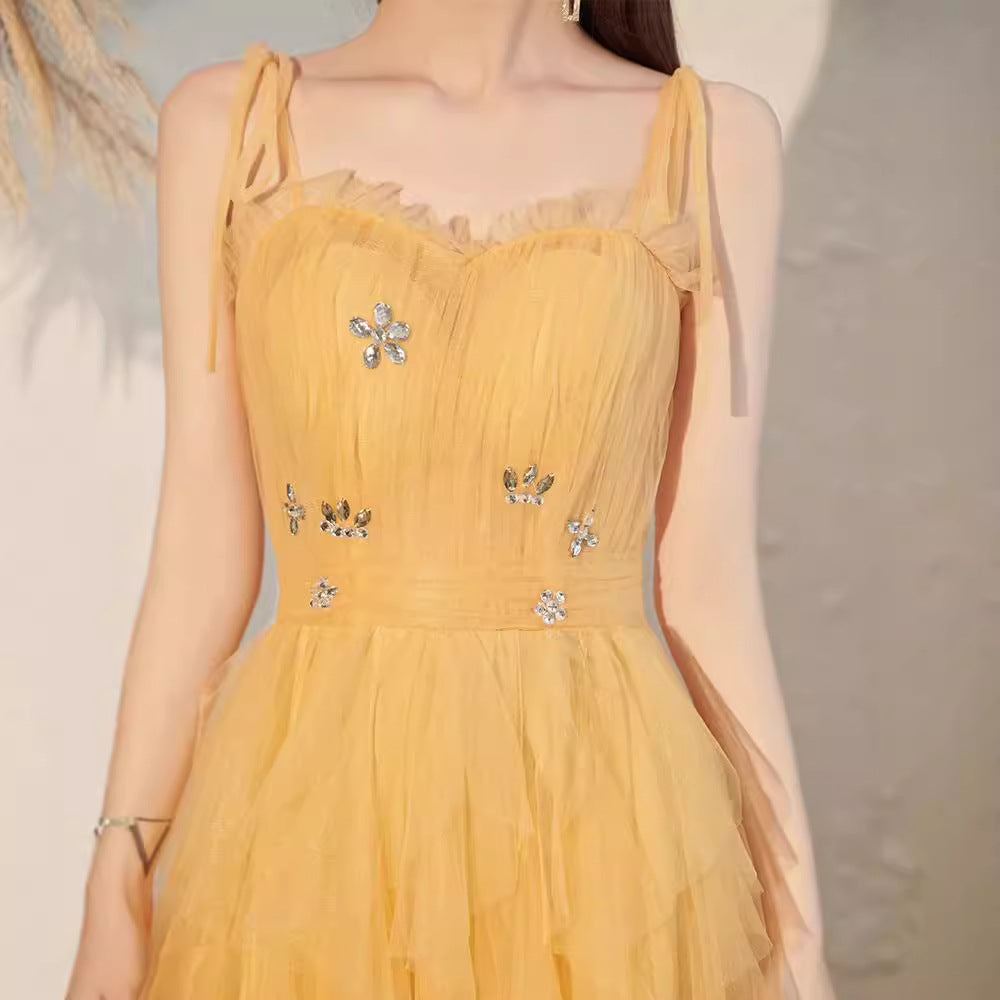 Victoria Rhinestone Embellished Tulle Maxi Dress - Yellow Avalabel