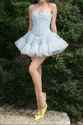irene floral print strapless tulle mini dress in blue Avalabel