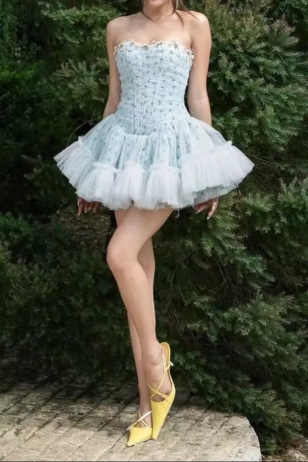 irene floral print strapless tulle mini dress in blue Avalabel