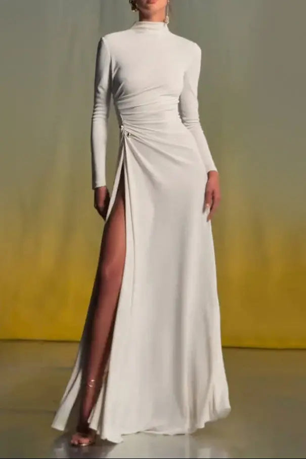 rita Metallic Double Ball Long-Sleeve High-Slit maxi Dress in white Avalabel