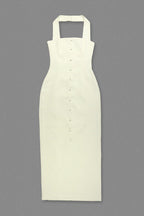 Almond Woven Halter Button Maxi Dress Avalabel