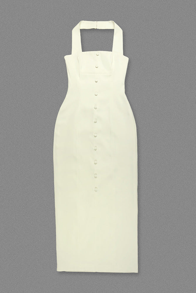 Almond Woven Halter Button Maxi Dress Avalabel