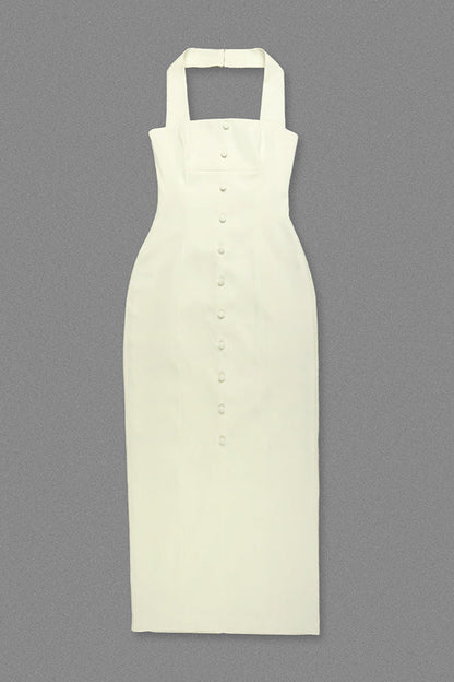 Almond Woven Halter Button Maxi Dress