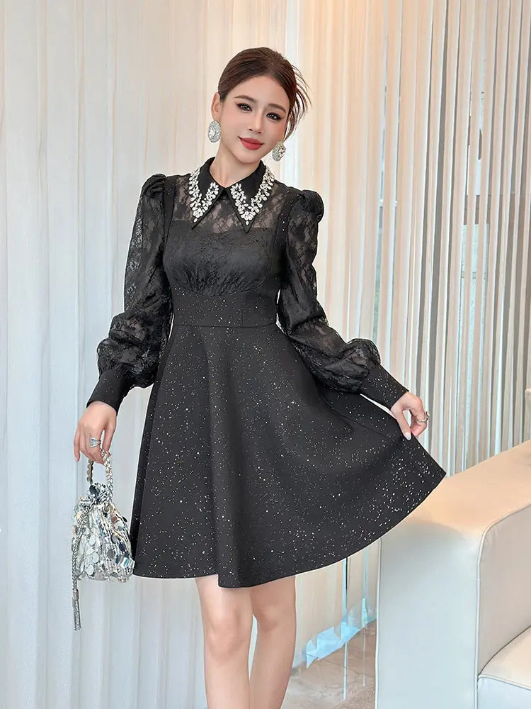 Lynn Black Rhinestone Collar Neck Lace Hollow Sleeve Mini Dress Avalabel