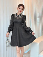 Lynn Black Rhinestone Collar Neck Lace Hollow Sleeve Mini Dress Avalabel