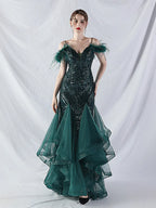 feather sequin strapless tulle maxi dress Avalabel
