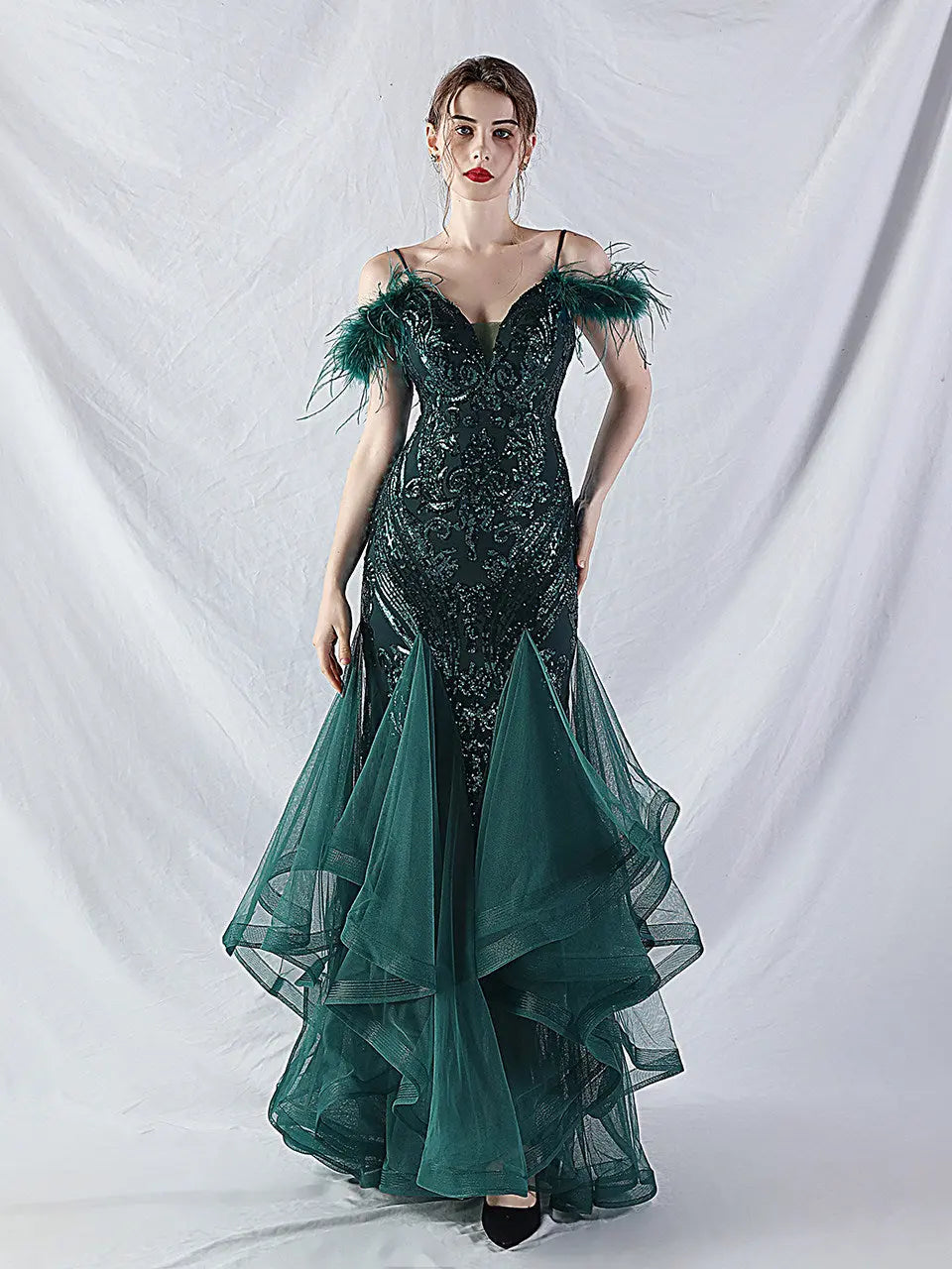 feather sequin strapless tulle maxi dress Avalabel