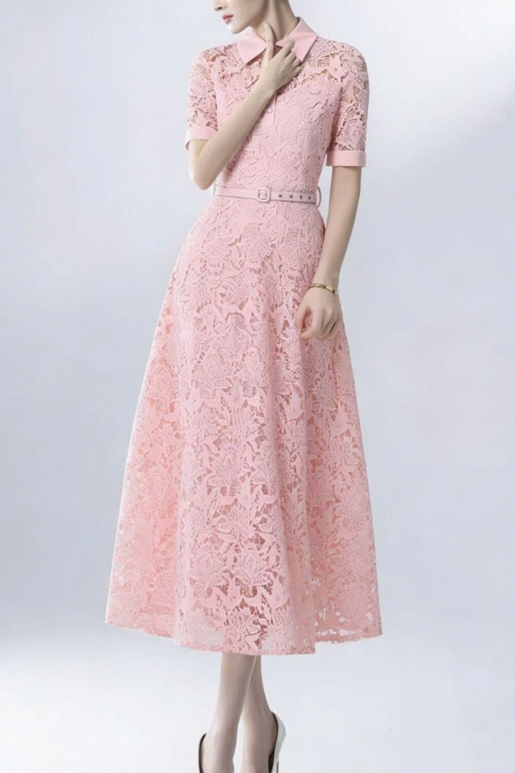 Lace Collared Belted Midi Dress Avalabel
