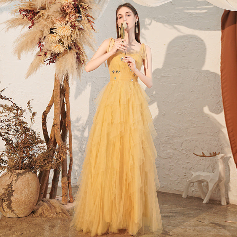Victoria Rhinestone Embellished Tulle Maxi Dress - Yellow Avalabel